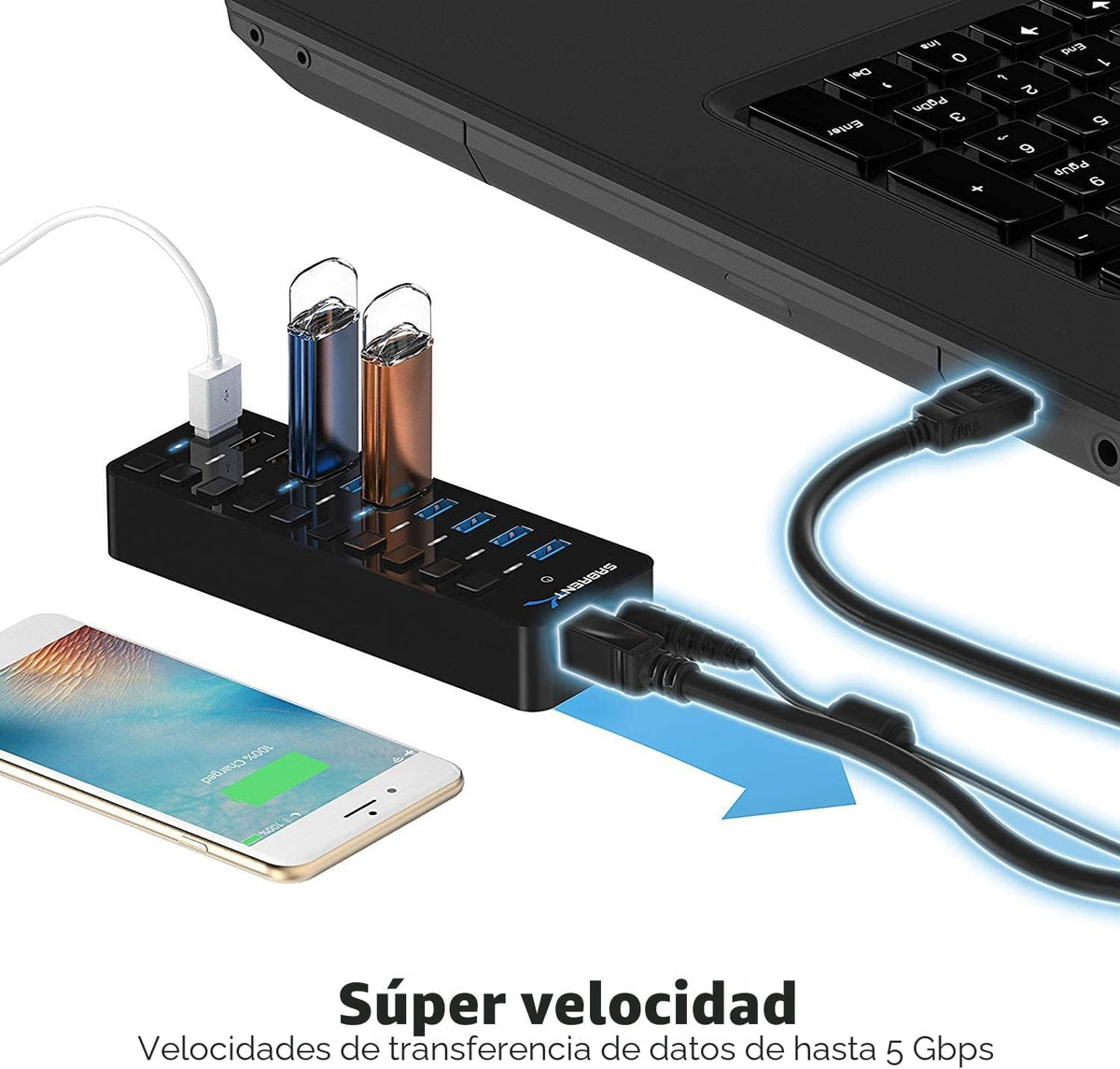 SABRENT, PS65B120Y5000S, hub USB 3.0 de 10 puertos, alimentado, adaptador 12V/5A