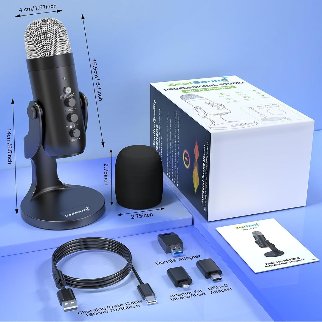 ZealSound Micrófono inalámbrico para PC, micrófono podcast con canc...