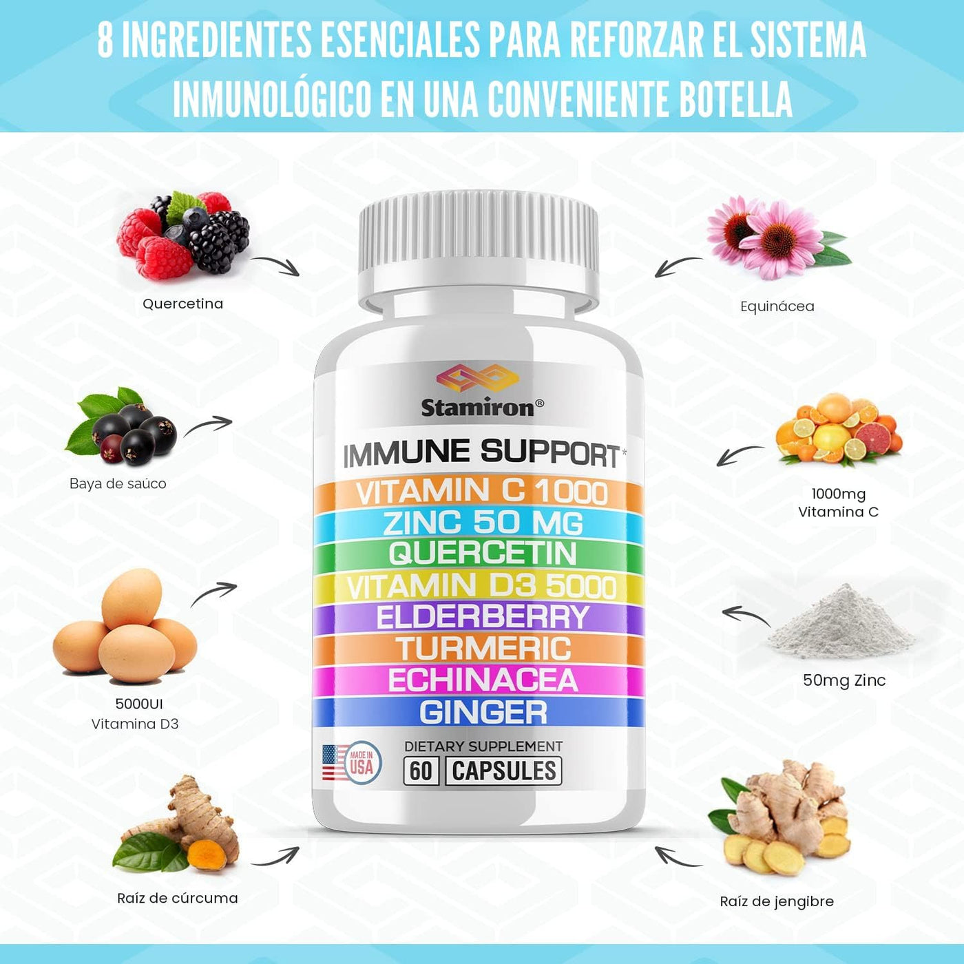 Apoyo inmunológico 8 en 1 con quercetina, zinc 50mg, vitamina C 100...