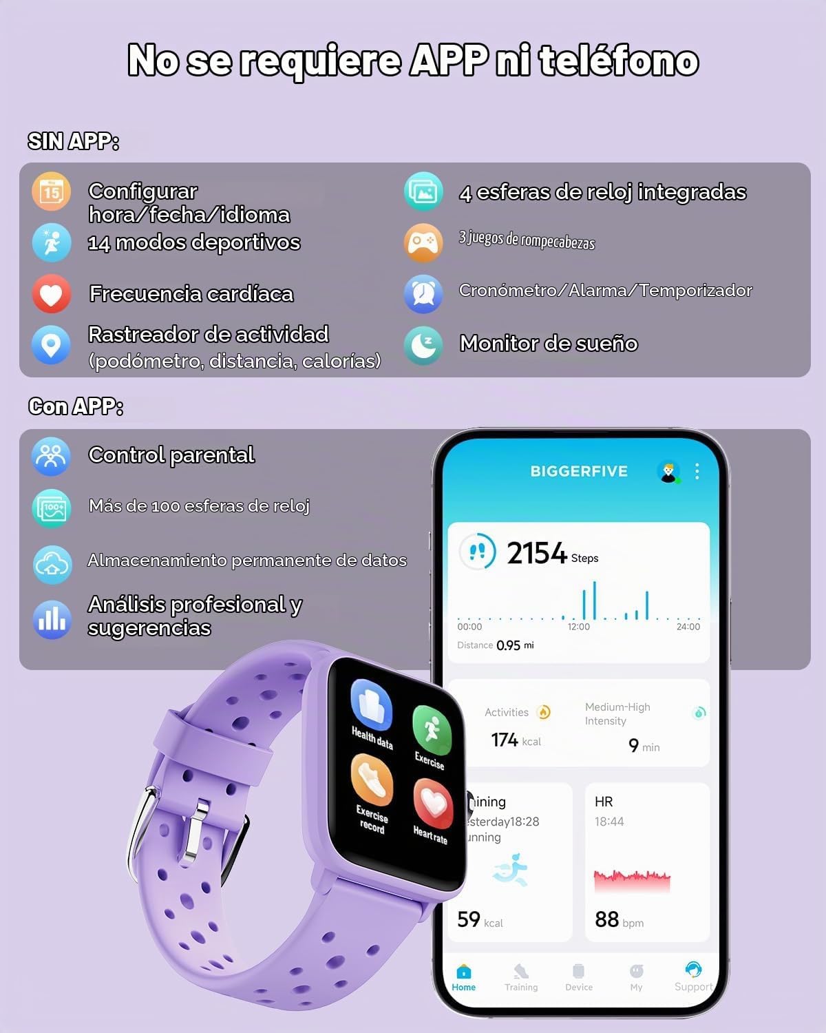 BIGGERFIVE Reloj inteligente para niños sin aplicación, podómetro, ritmo cardíaco, impermeable 5 ATM, monitor de sueño, contador de pasos de calorías, juegos, reloj despertador para niñas de 5 a 14, lila poroso