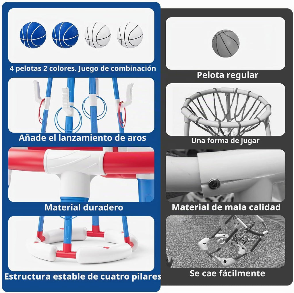 Juego de aro de baloncesto y lanzamiento de anillos 2 en 1 para piscina, base estable antipunta, incluye 4 pelotas de baloncesto, 8 anillos/bomba de bomba, juguetes flotantes de verano para piscina