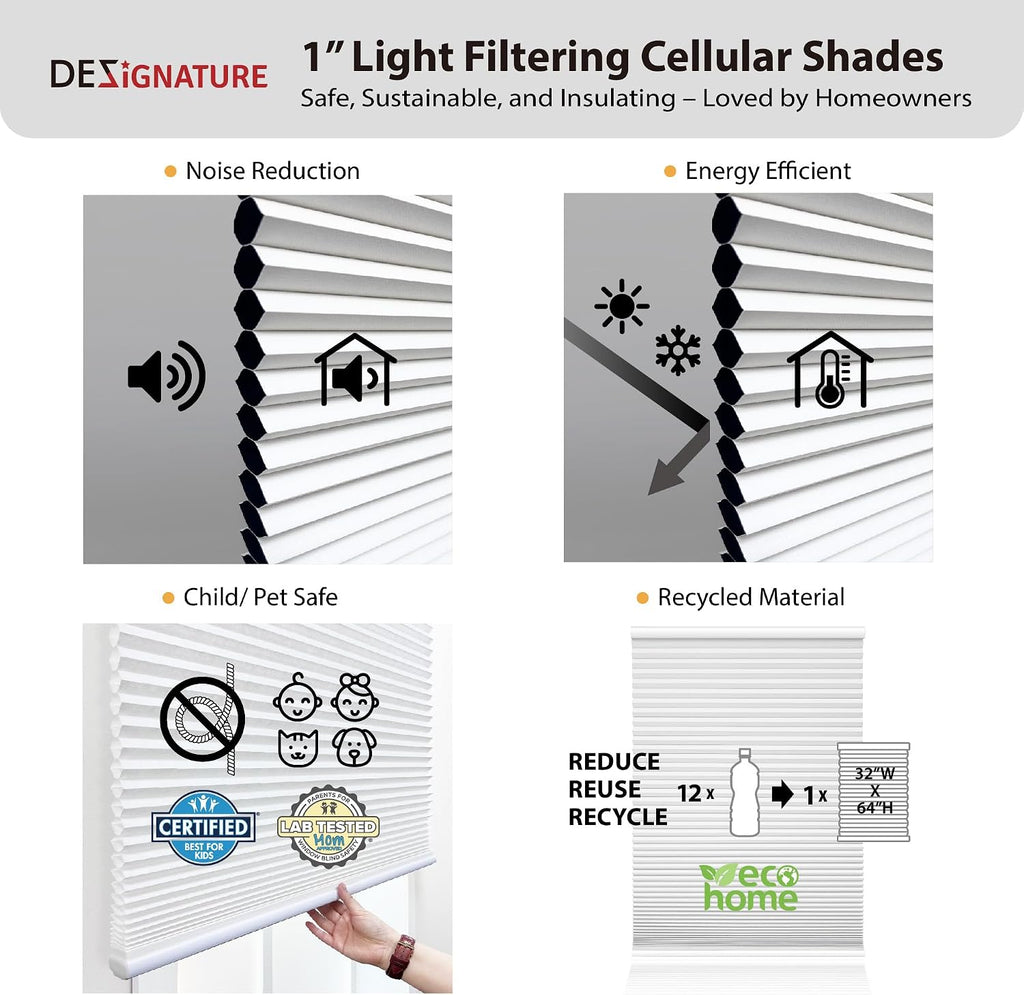 DEZ FURNISHINGS - Persiana celular sin cables de 1" de filtro de luz Signature, 20.5" de ancho x 64" de alto, Blanco
