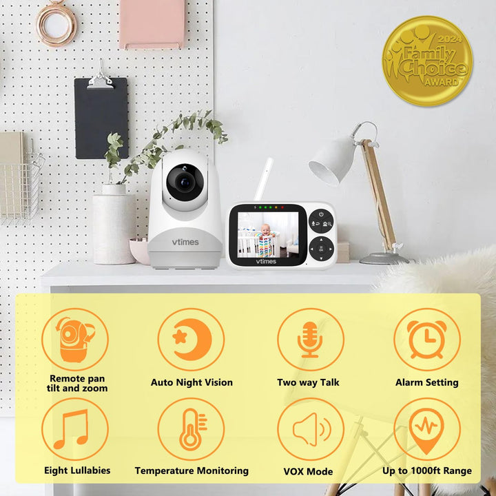 VTimes Monitor de bebé con cámara y audio, pantalla IPS de 3.2 pulg...