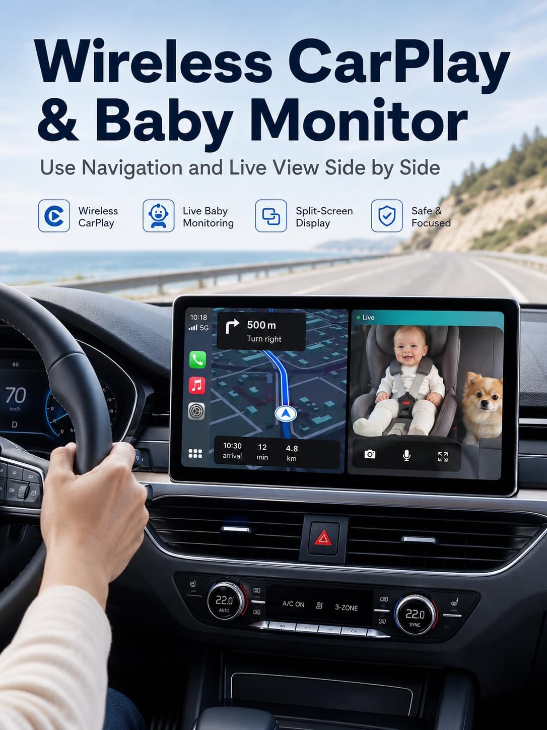 Lusdy Cámara inalámbrica CarPlay para coche de bebé para iPhone, mo...