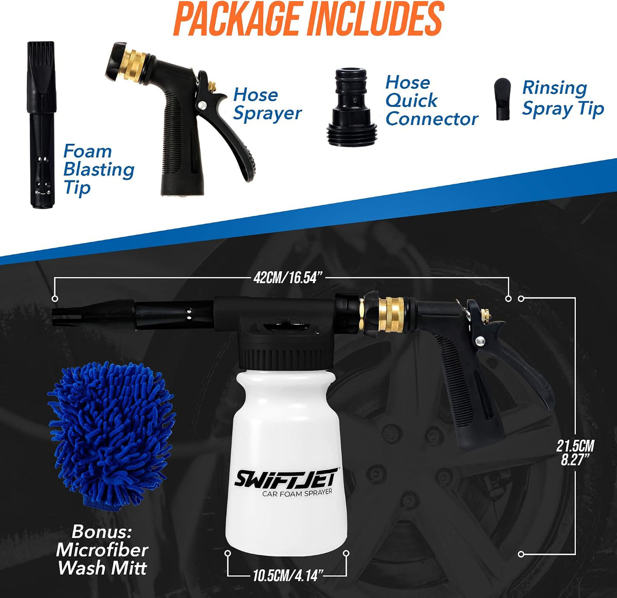 SwiftJet Pistola de espuma para lavado de autos + guante de microfibra – Funciona con cualquier jabón – Pulverizador de espuma para manguera de jardín – Kit de lavado de coche de cañón de espuma – Accesorios de coche Pistola de espuma negra con manopla