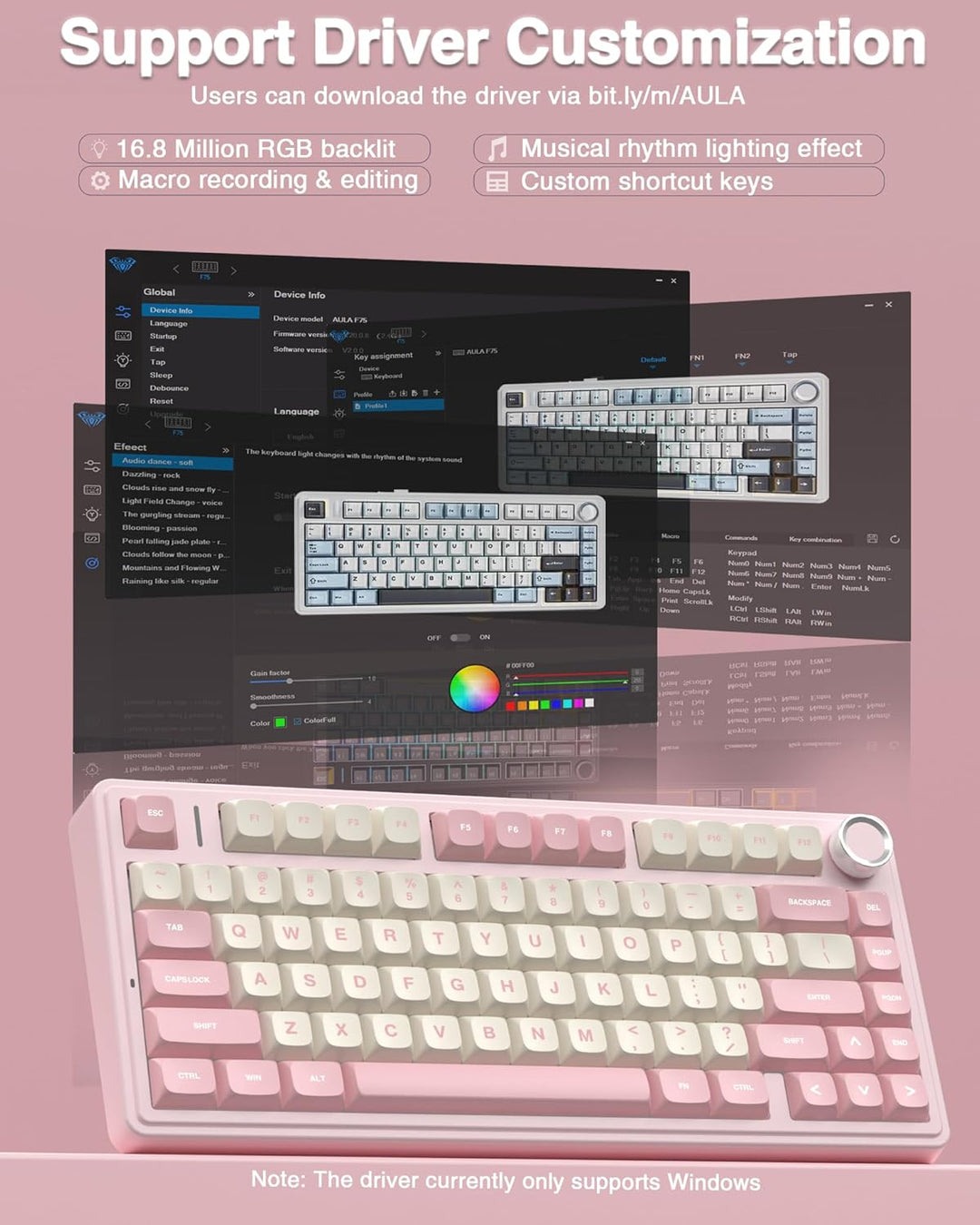 AULA Teclado Mecánico Inalámbrico F75 75%, Teclado Rosa Cremoso Int...