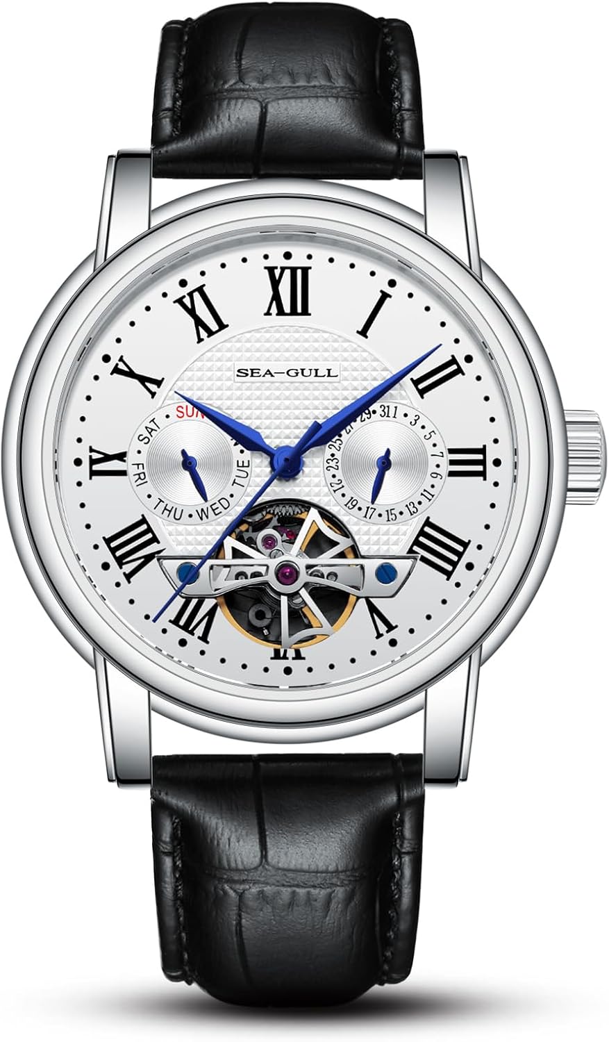 SEA-GULL 2021 Reloj de Hombre Seagull Automático Mecánico Hueco Calendario Potencial Multifunción Volante Negocios, Blanco - D819.626, Correa