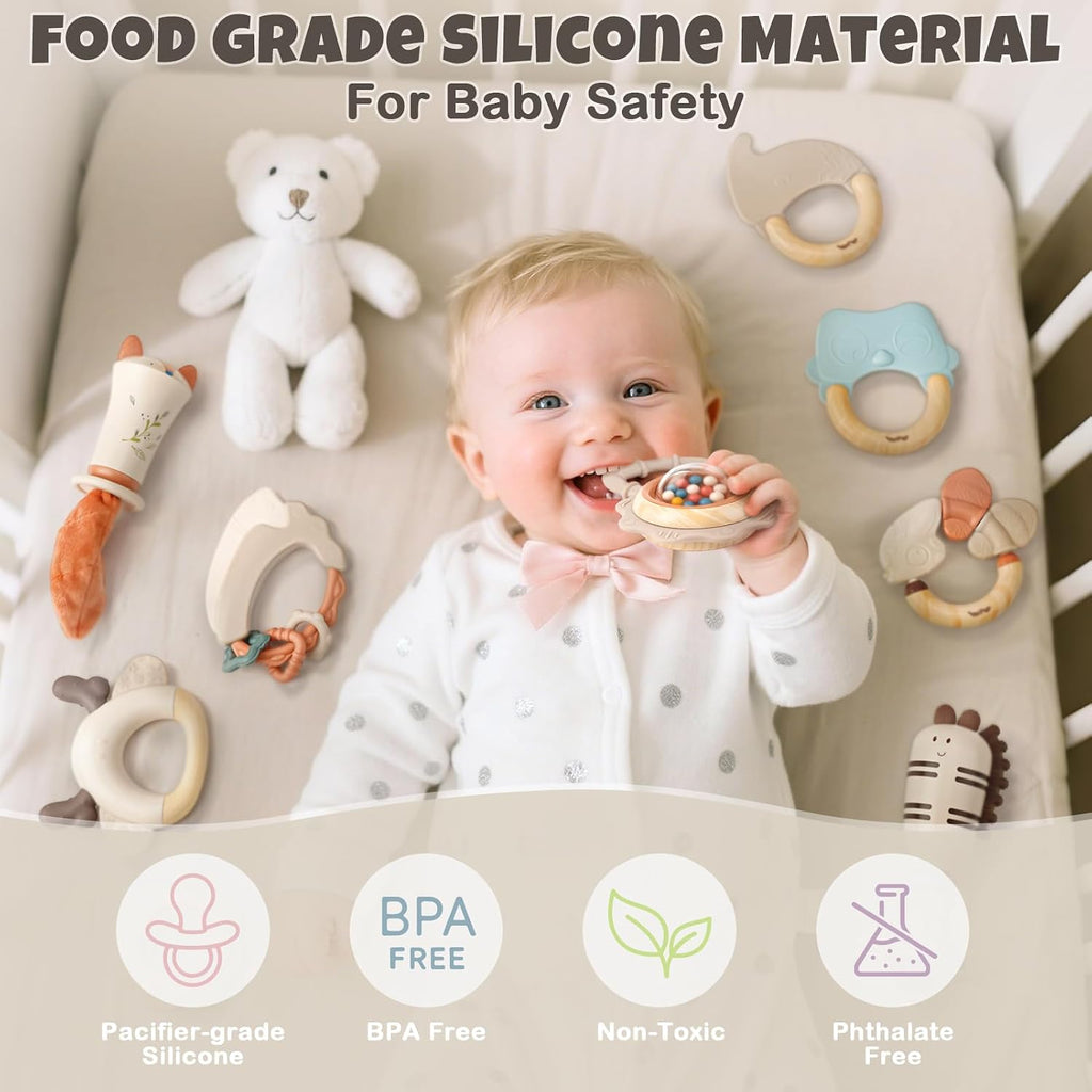 Juego de sonajeros y mordedores para bebés de 0 a 6 meses, juguetes de dentición de 3 a 6 meses, juguetes sensoriales con texturas suaves, sonidos suaves y forma de fácil agarre, regalo neutro para