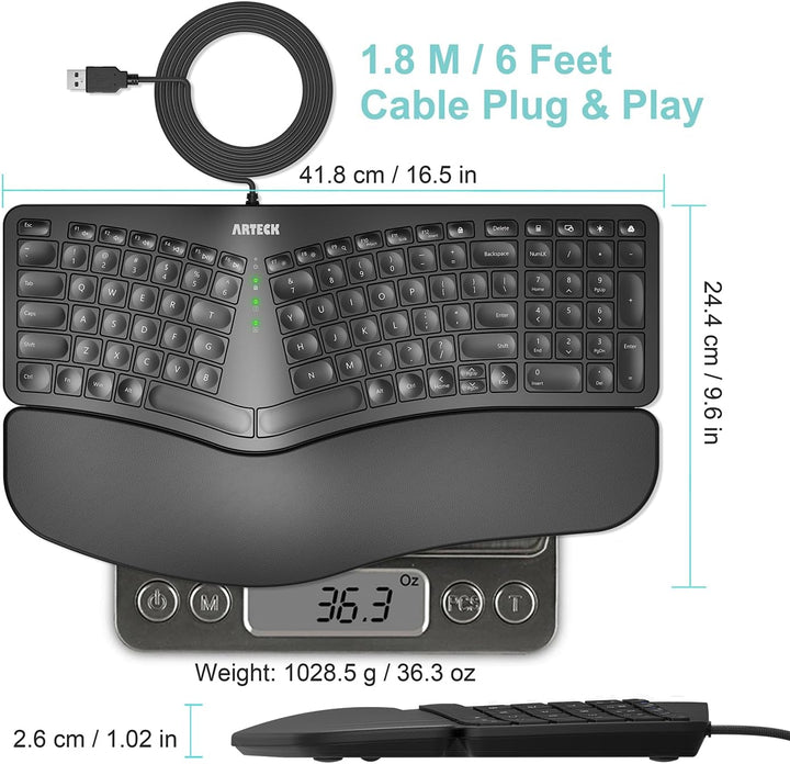 Arteck - Teclado USB Ergonómico con Cable con