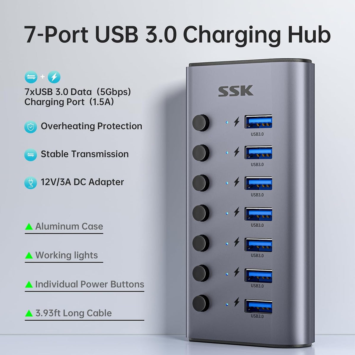 SSK, SHU0701, hub USB 3.0 de 7 puertos, alimentado, adaptador 12V/3A