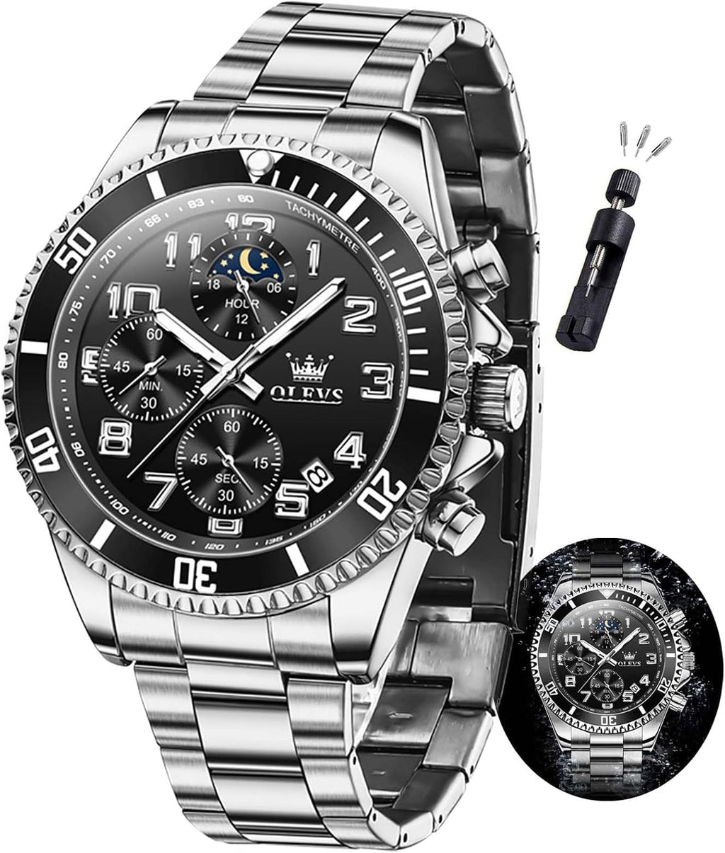 OLEVS Reloj de caballero lujo cronógrafo acero inoxidable pulsera vestimenta impermeable reloj analógico de cuarzo gran esfera luminosa