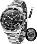 OLEVS Reloj de caballero lujo cronógrafo acero inoxidable pulsera vestimenta impermeable reloj analógico de cuarzo gran esfera luminosa