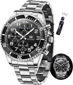 OLEVS Reloj de caballero lujo cronógrafo acero inoxidable pulsera vestimenta impermeable reloj analógico de cuarzo gran esfera luminosa