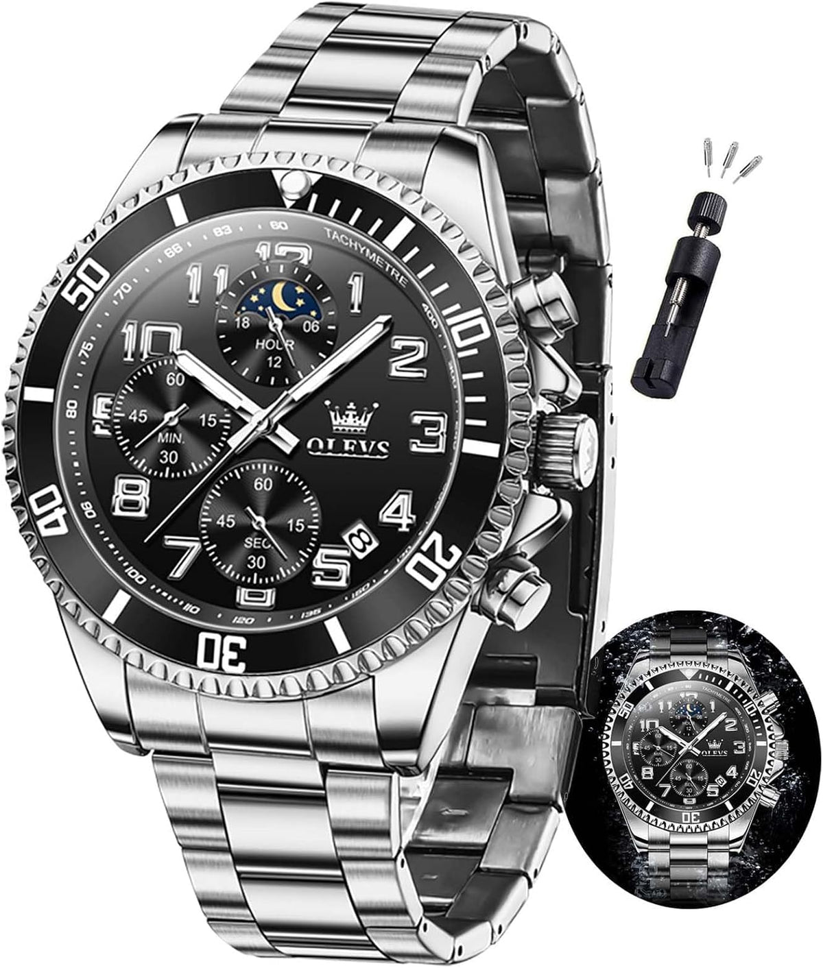 OLEVS Reloj de caballero lujo cronógrafo acero inoxidable pulsera vestimenta impermeable reloj analógico de cuarzo gran esfera luminosa
