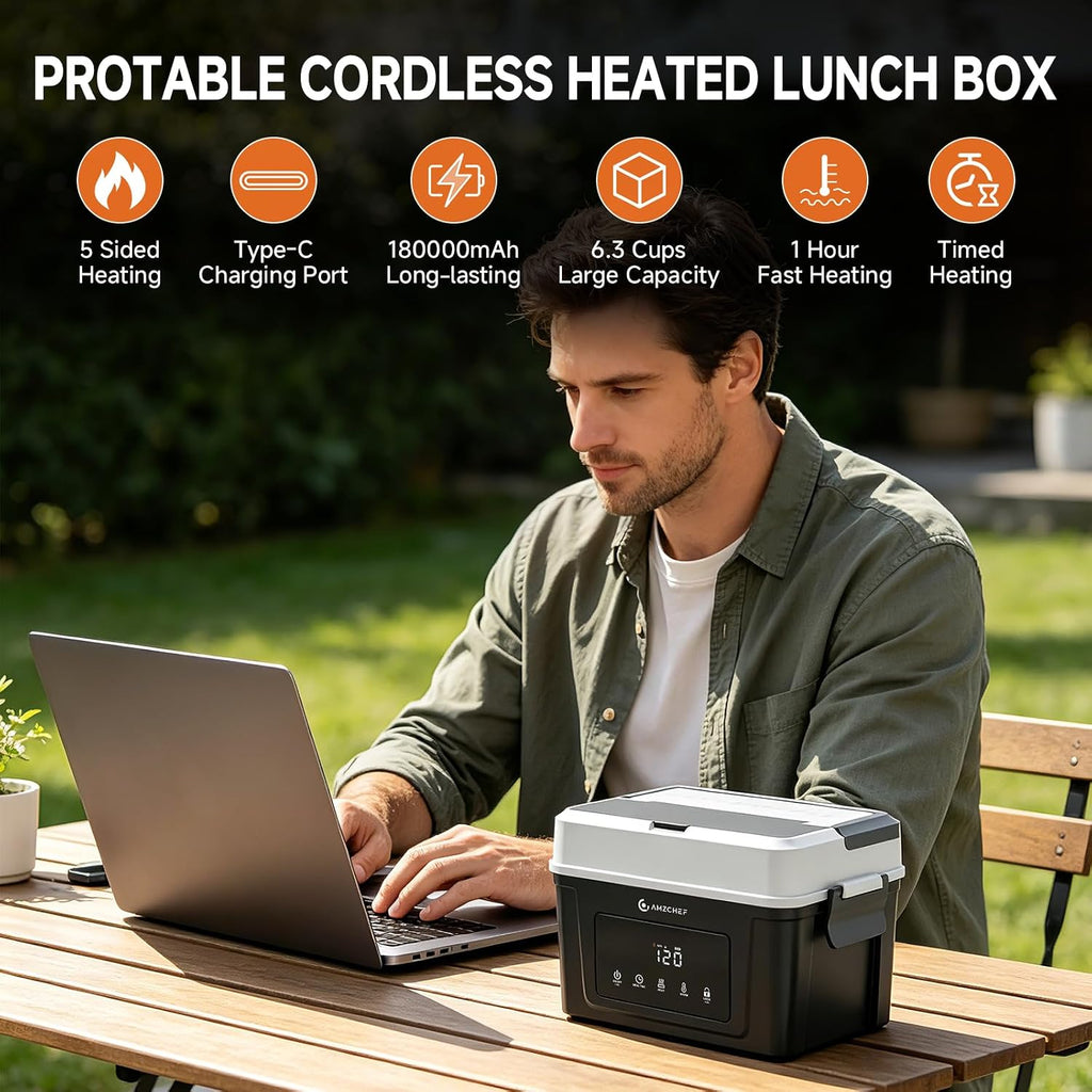 AMZCHEF Fiambrera eléctrica inalámbrica, 6.3 tazas, 5 lados, 18000mAh