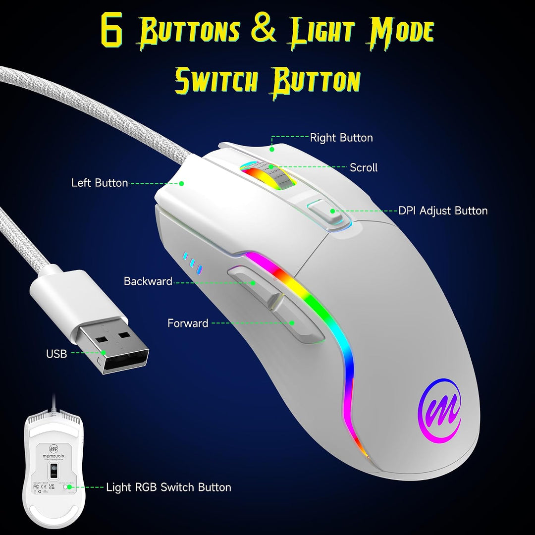 memzuoix Mouse para juegos con cable RGB - 6 DPI ajustables hasta 1...