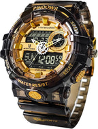 Relojes PINDOWS para hombre, transparente dorado, analógico digital, doble hora, 50M resistente al agua, retroiluminación LED, multifuncional con alarmas, cronómetro, ideal para deportes, actividades