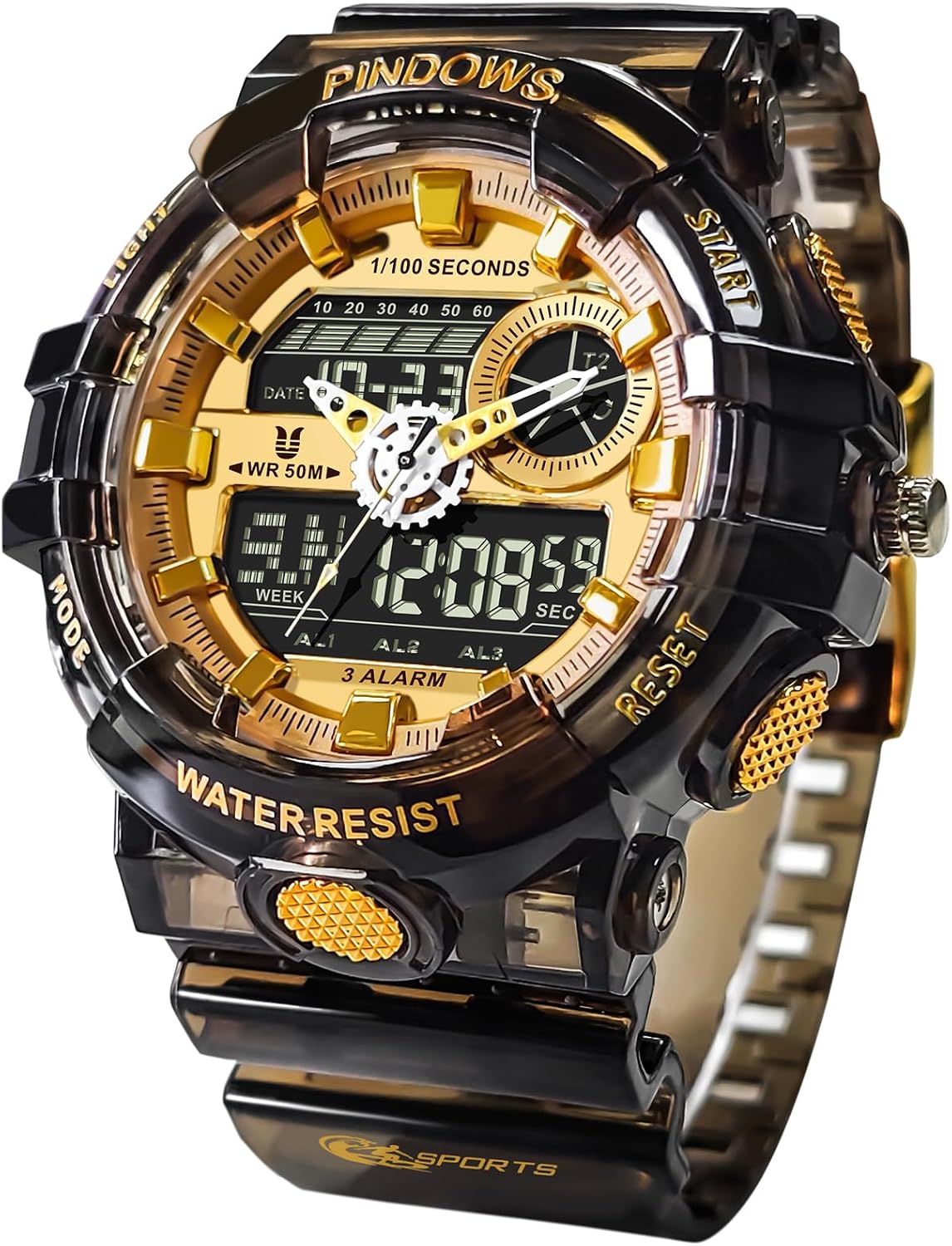 Relojes PINDOWS para hombre, transparente dorado, analógico digital, doble hora, 50M resistente al agua, retroiluminación LED, multifuncional con alarmas, cronómetro, ideal para deportes, actividades