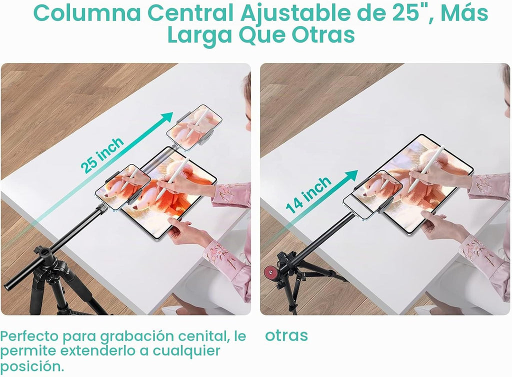Elitehood Trípode para iPhone para grabación de video aérea [resistente y ultraestable], brazo horizontal largo extensible de 25 pulgadas, soporte de trípode para iPhone con rotación de 360° con
