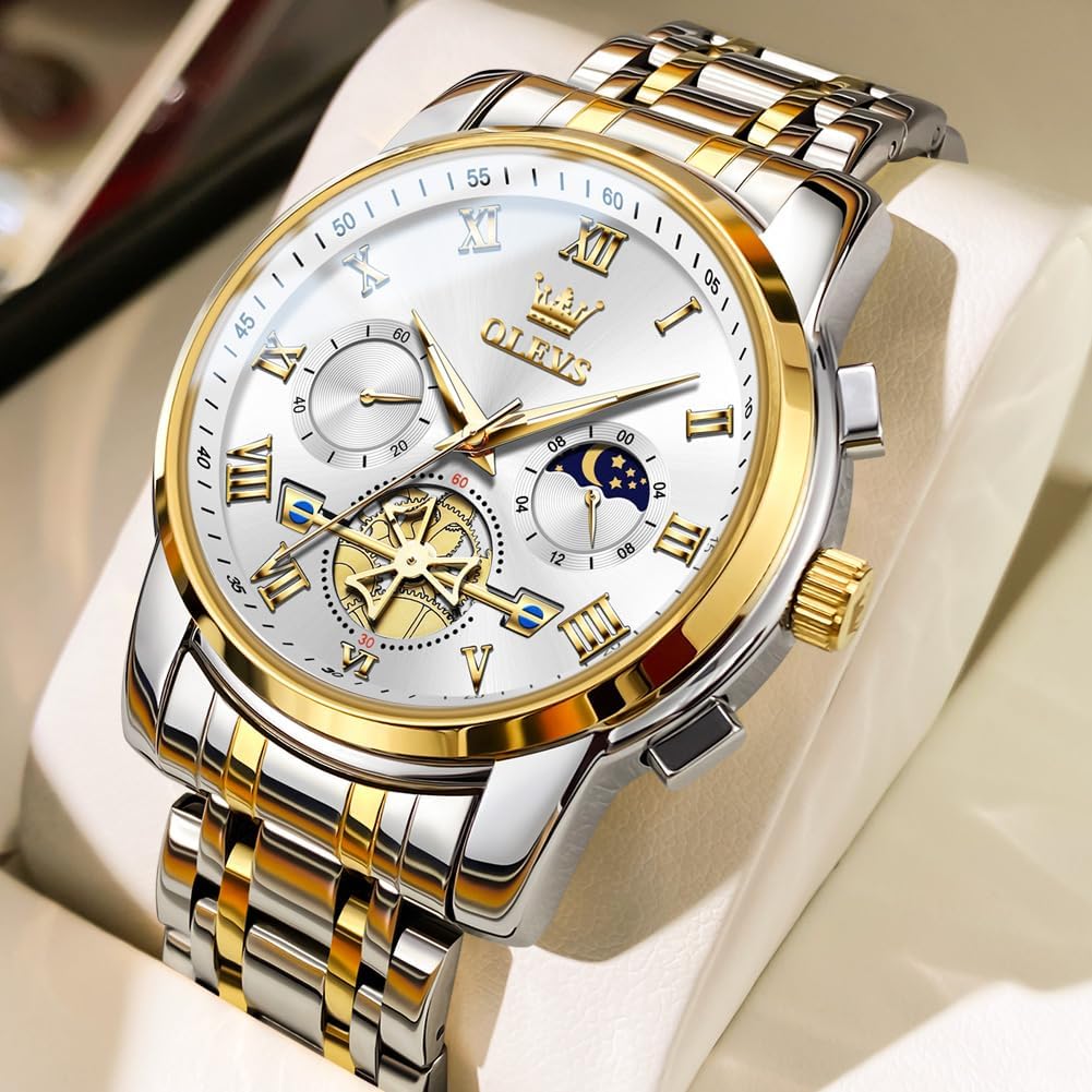 OLEVS Relojes para hombre, resistente al agua, de lujo, gran cara, reloj analógico de cuarzo de acero inoxidable, relojes de vestir analógicos para hombre, luminoso, multifuncional, reloj de hombre