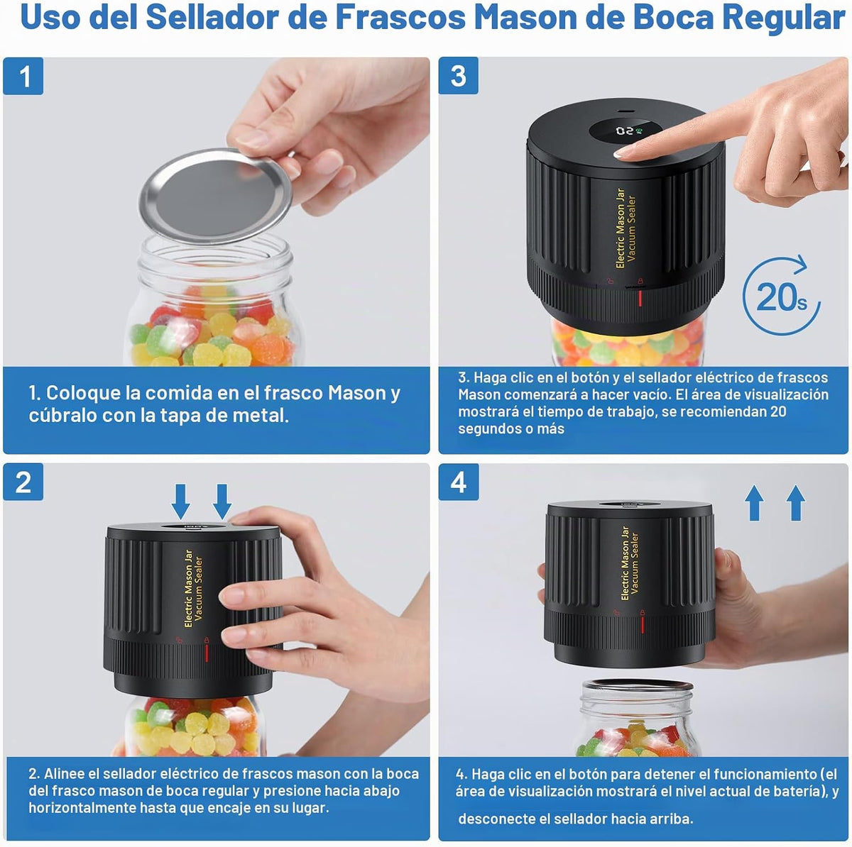 Kit de sellador al vacío eléctrico para tarros Mason con pausa automática de un solo toque