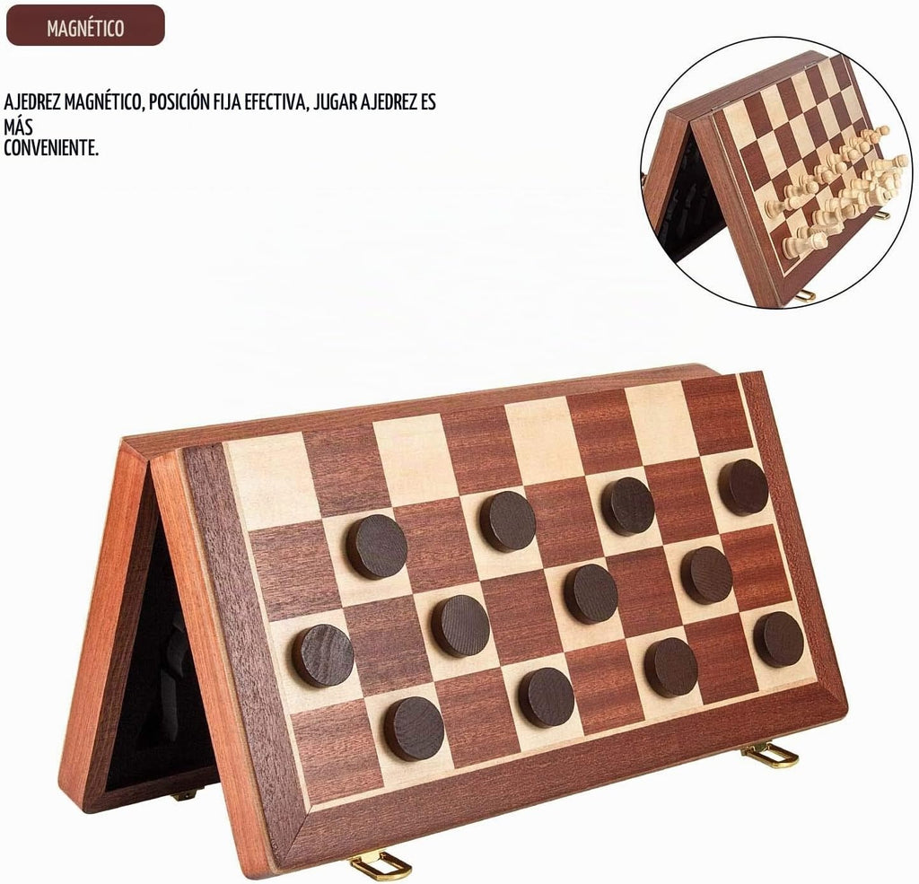 AMEROUS Juego de ajedrez y damas de madera magnética de 15 pulgadas (2 en 1), tablero plegable, caja de regalo, 24 piezas de alegría, 2 reinas adicionales, juego de ajedrez para principiantes para niños y adultos