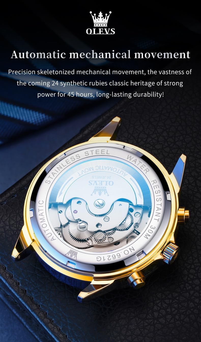 OLEVS Relojes de Hombre Esqueleto Automático Lujo de Negocios Diamante Autoentregado (Self Winding) Reloj de Pulsera de Acero Inoxidable con Calendario