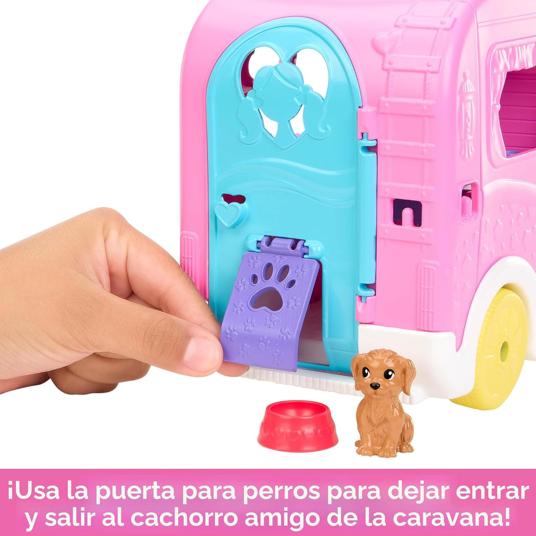 Barbie Camper, Chelsea - Juego 2 en 1 con muñeca pequeña, 2 mascota...