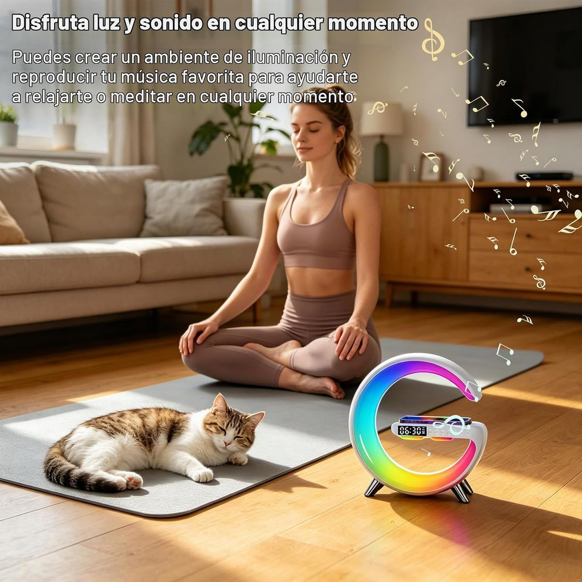 Lámpara Lámpara de mesa LED inteligente con altavoz Bluetooth, cargador inalámbrico rápido, luz nocturna RGB, reloj despertador de amanecer y control de aplicación, lámpara de ambiente de cabecera para