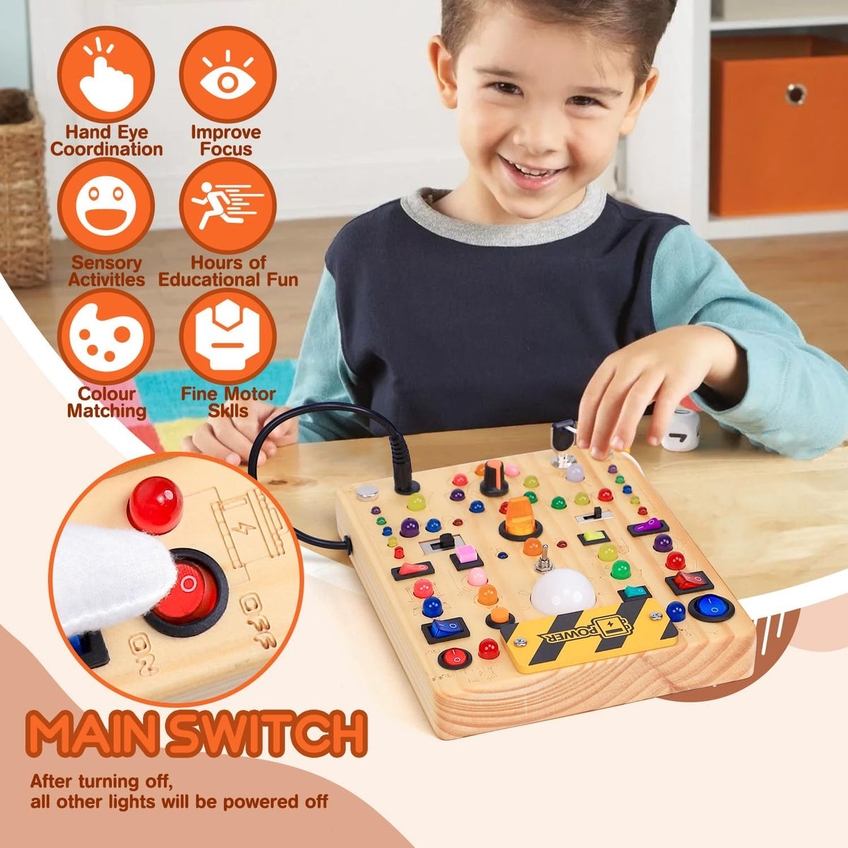 Tablero de actividades con 19 interruptores de luz LED, juguetes Montessori para niños de 1, 2, 3 años, tablero sensorial de madera, juguetes de viaje para niños y niñas de 1, 2, 3 años, regalo de cumpleaños (grande)