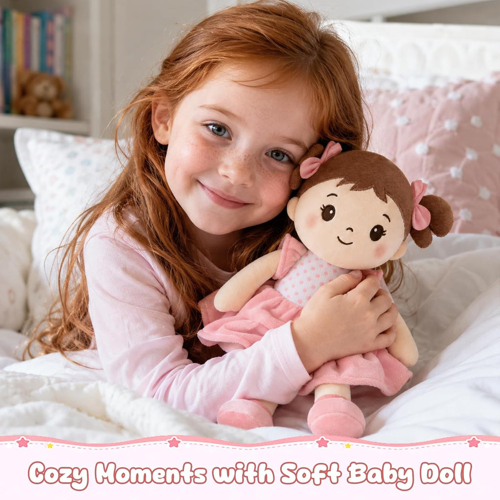 SQEQE Muñeca de bebé suave, muñecas de trapo de felpa de 11 pulgadas para regalo de cumpleaños de niña de 1 año, primeros juguetes de muñecas de bebé para niños pequeños, cabello castaño