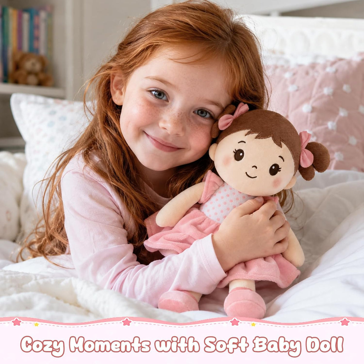 SQEQE Muñeca de bebé suave, muñecas de trapo de felpa de 11 pulgadas para regalo de cumpleaños de niña de 1 año, primeros juguetes de muñecas de bebé para niños pequeños, cabello castaño