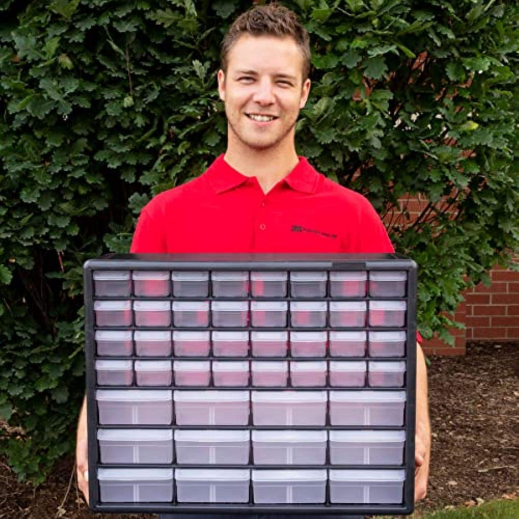 Akro-Mils Gabinete de almacenamiento de plástico con 44 cajones, 20 pulgadas de ancho x 6 pulgadas de profundidad x 16 pulgadas de alto, negro
