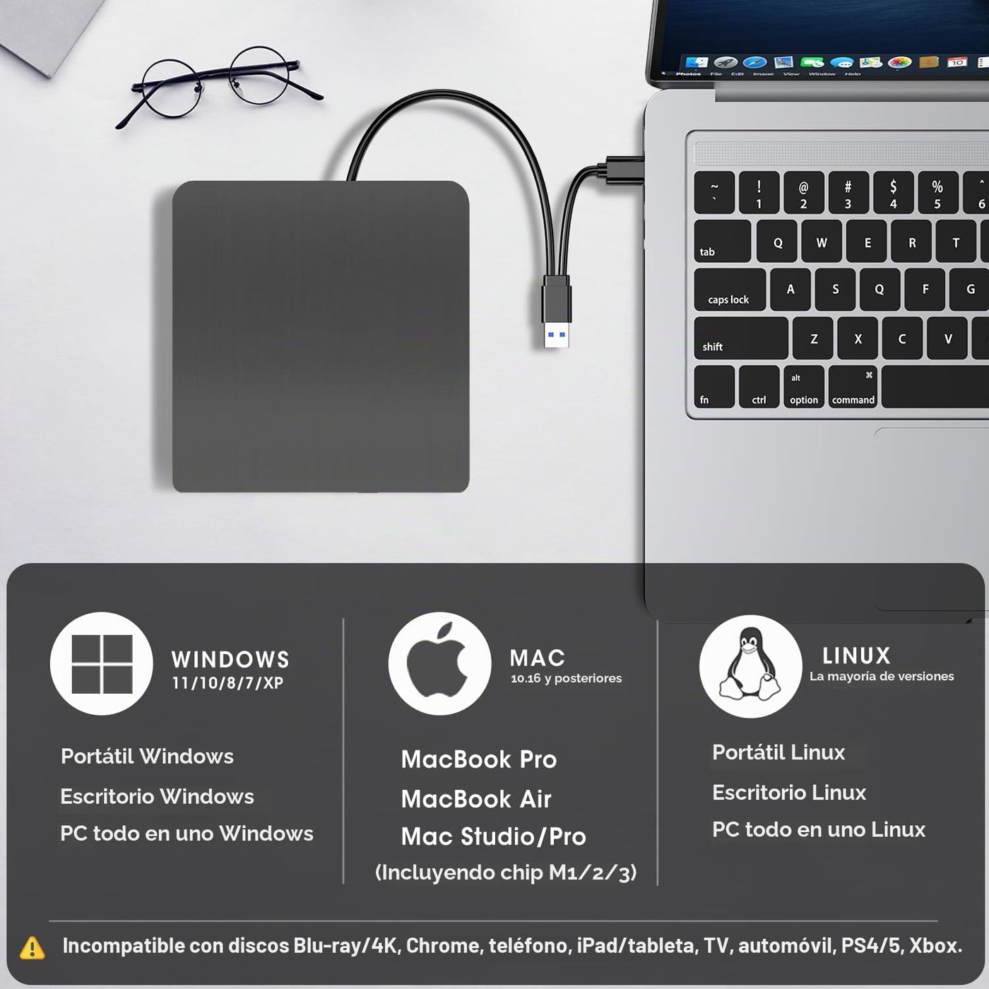 ROOFULL Unidad externa de CD y DVD para portátil y Mac con funda, U...
