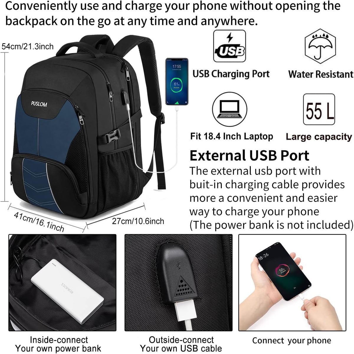 Mochila para Portátil con Puerto de Carga USB Mochila de Negocios Aprobada para Vuelos Equipaje de Mano, Azul, 18,4 pulg., Mochilas de viaje