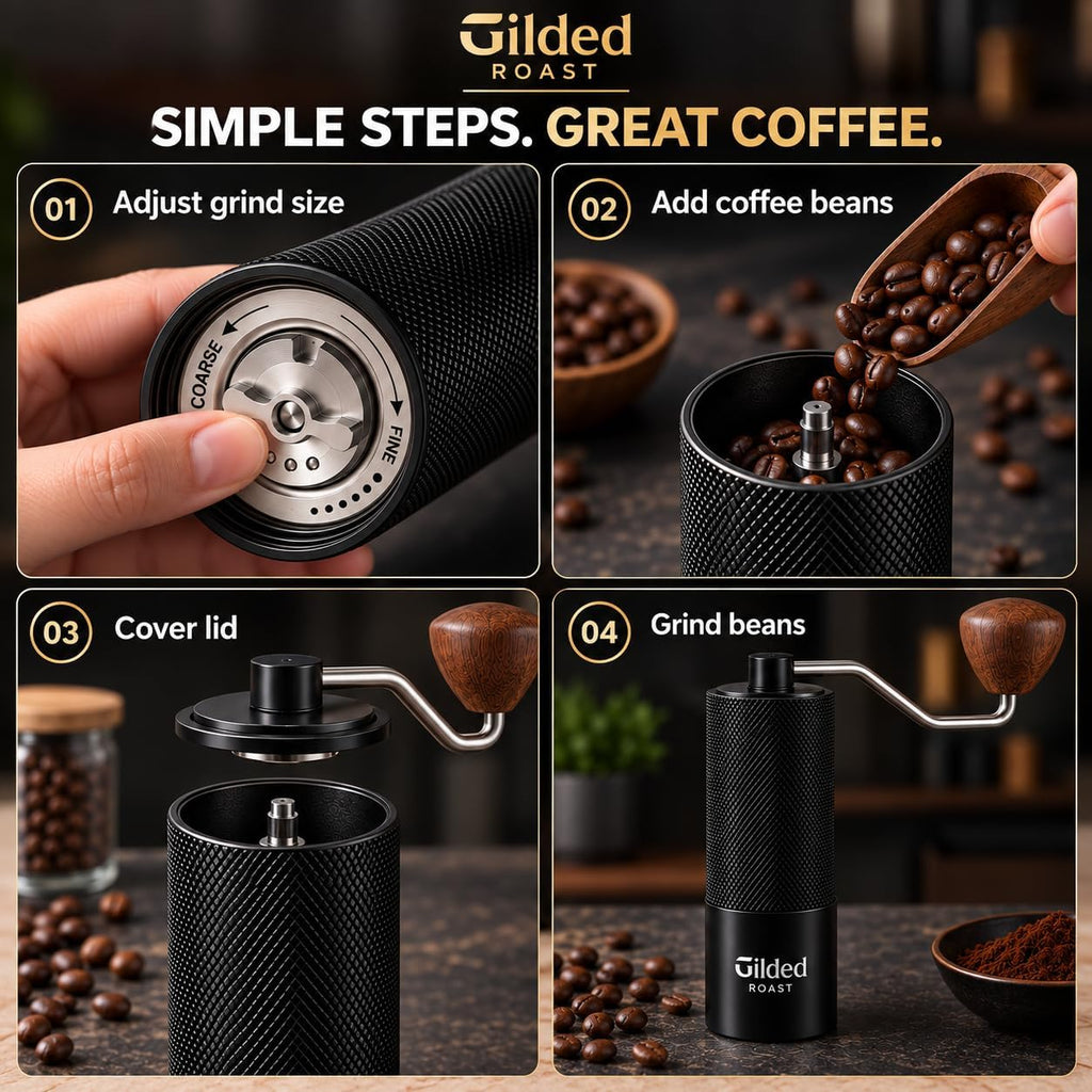 Molinillo de café manual con cepillo de limpieza y tamaño de molienda ajustable, rebabas de acero inoxidable, cuerpo de aleación de aluminio, capacidad de 0.88 oz