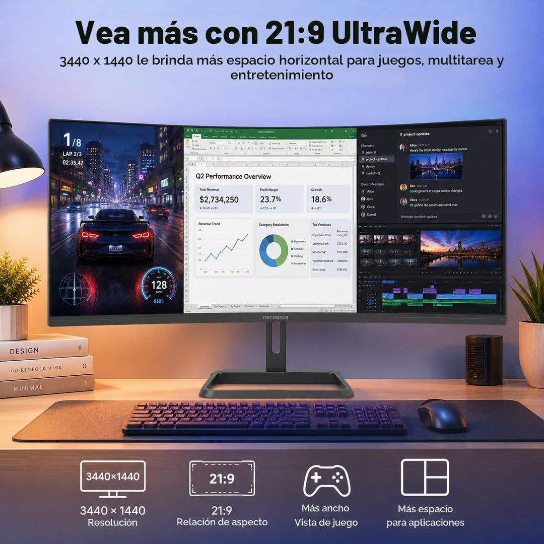 Deco Gear Monitor curvo para juegos de 34 pulgadas, 180Hz UWQHD 344...