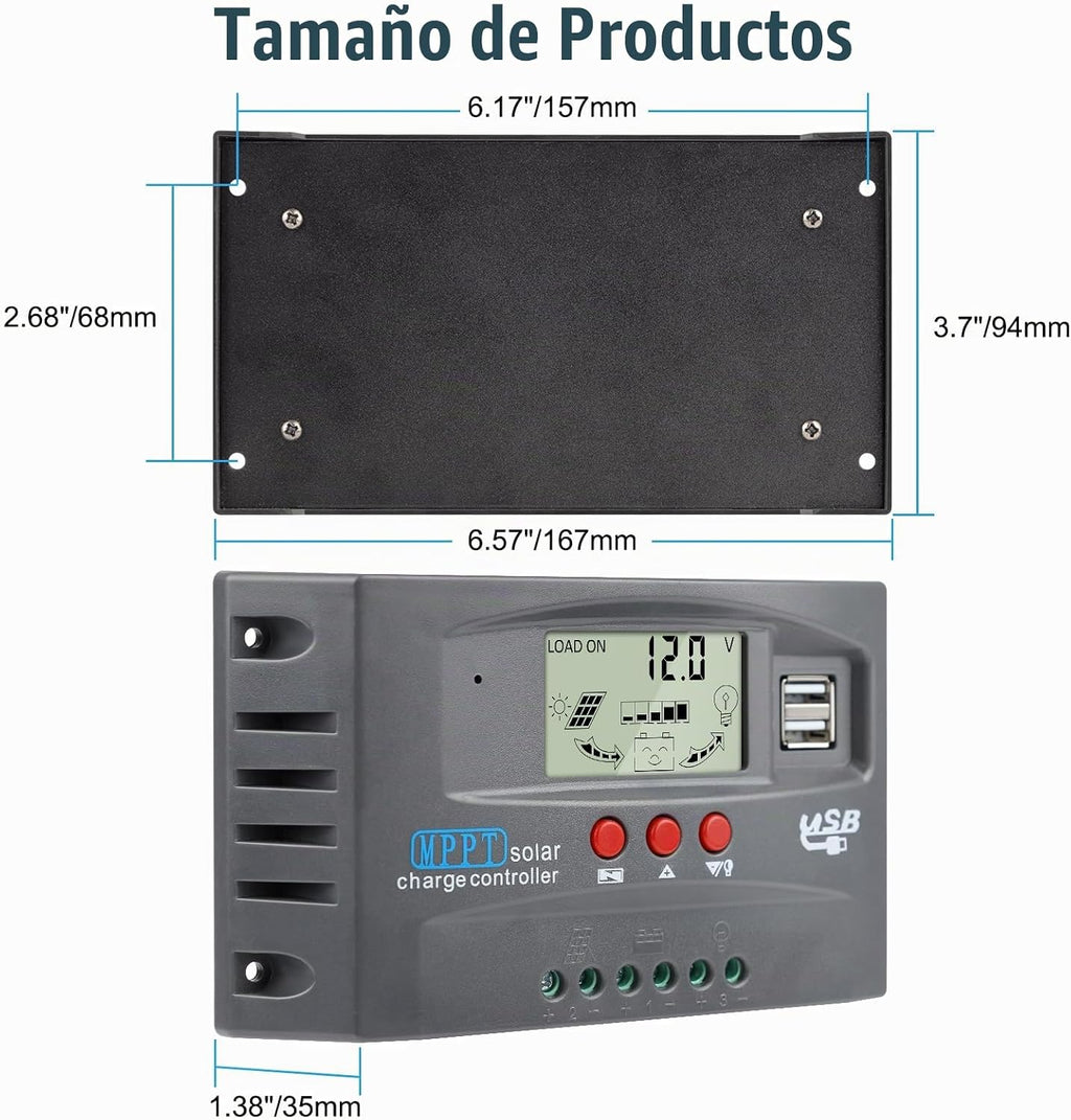 Controlador de carga de panel solar MPPT de 60 A, controlador de cargador de batería solar automático de 12 V/24 V con pantalla LCD, puerto USB dual y temporizador de ajuste de horas de