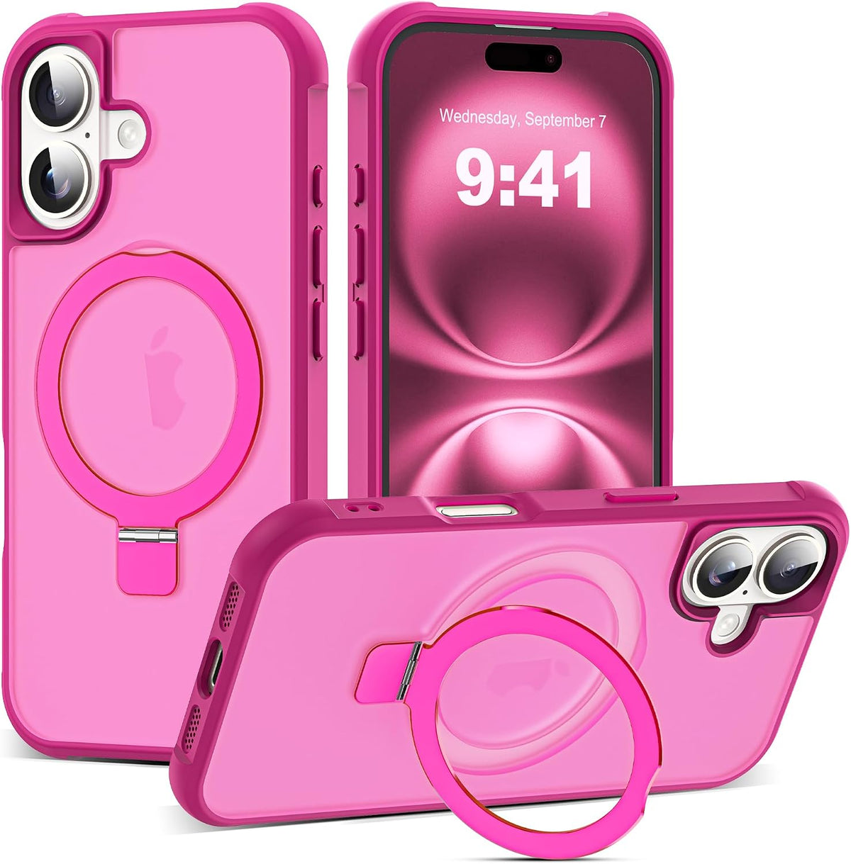 SKYLMW - Funda compatible con iPhone 16 con soporte magnético invisible tipo anillo, funda de grado militar para iPhone 16 de 6.1 pulgadas, compatible con MagSafe, gran sensación de agarre, rosa