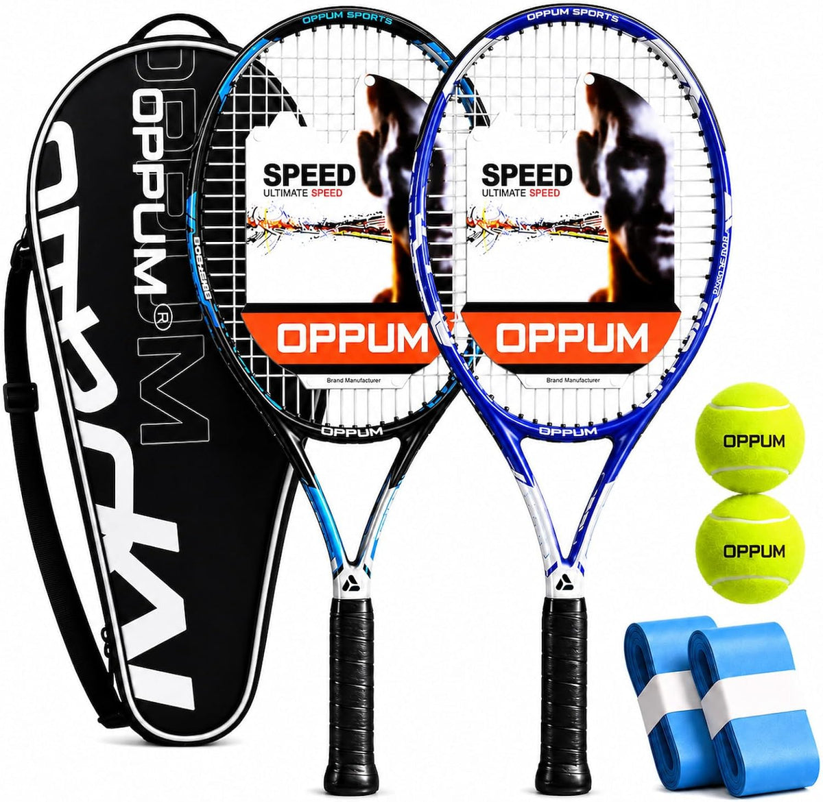 Raquetas de tenis OPPUM PRO-500 para adultos, paquete de 2 raquetas preencordadas para principiantes e intermedios con bolsa de transporte y 2 pelotas, cabeza sobredimensionada de 105 pulgadas
