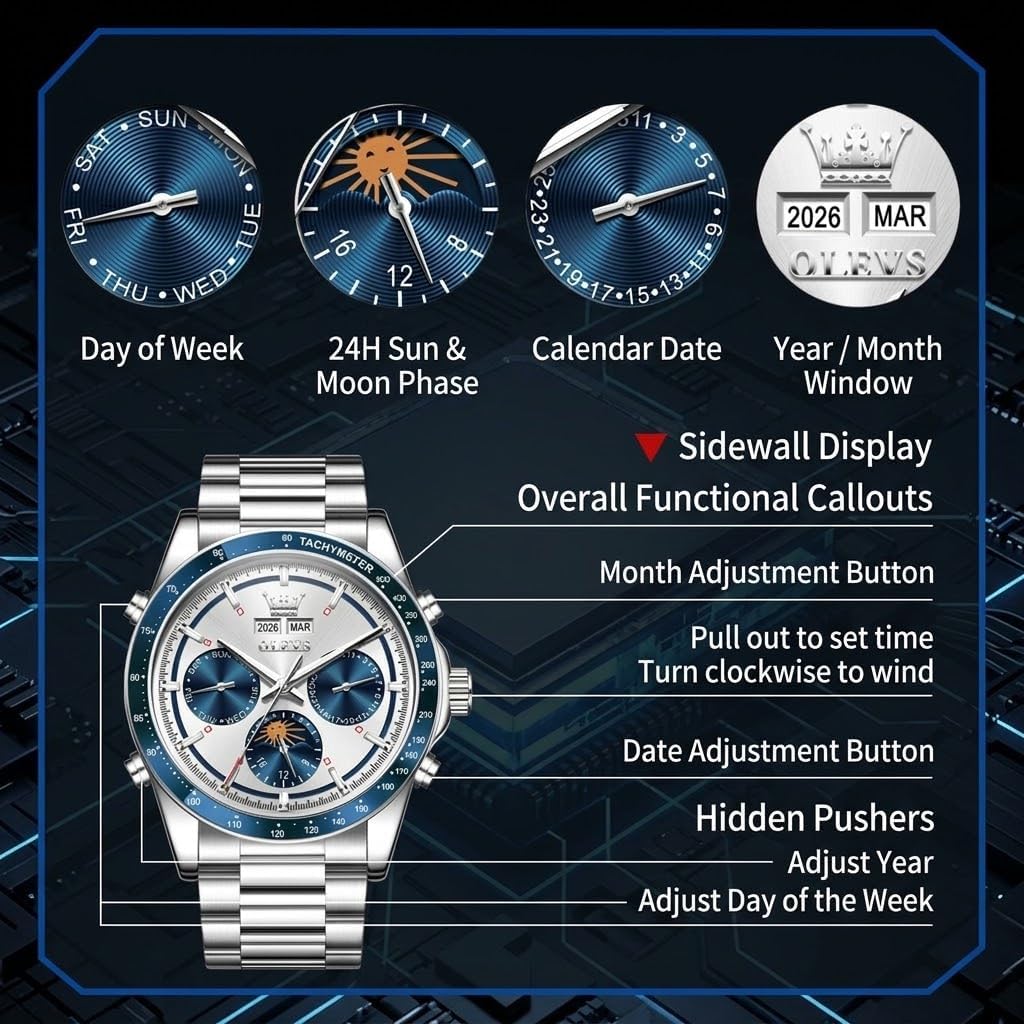 OLEVS Reloj automático para hombre, sin batería, impermeable, mecánico, de acero inoxidable, con cuerda automática, reloj de pulsera Luxuxry con tourbillon, día-día, año y cronógrafo, regalo para él