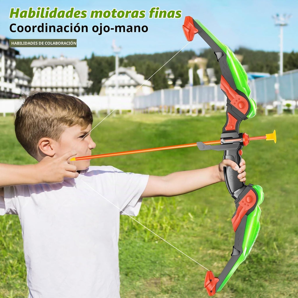 TEMI Juego de arco y flecha para niños, juego de juguetes de tiro con arco, luz LED con flechas de ventosa, objetivo y carcaj, juguetes de interior y exterior para niños y niñas