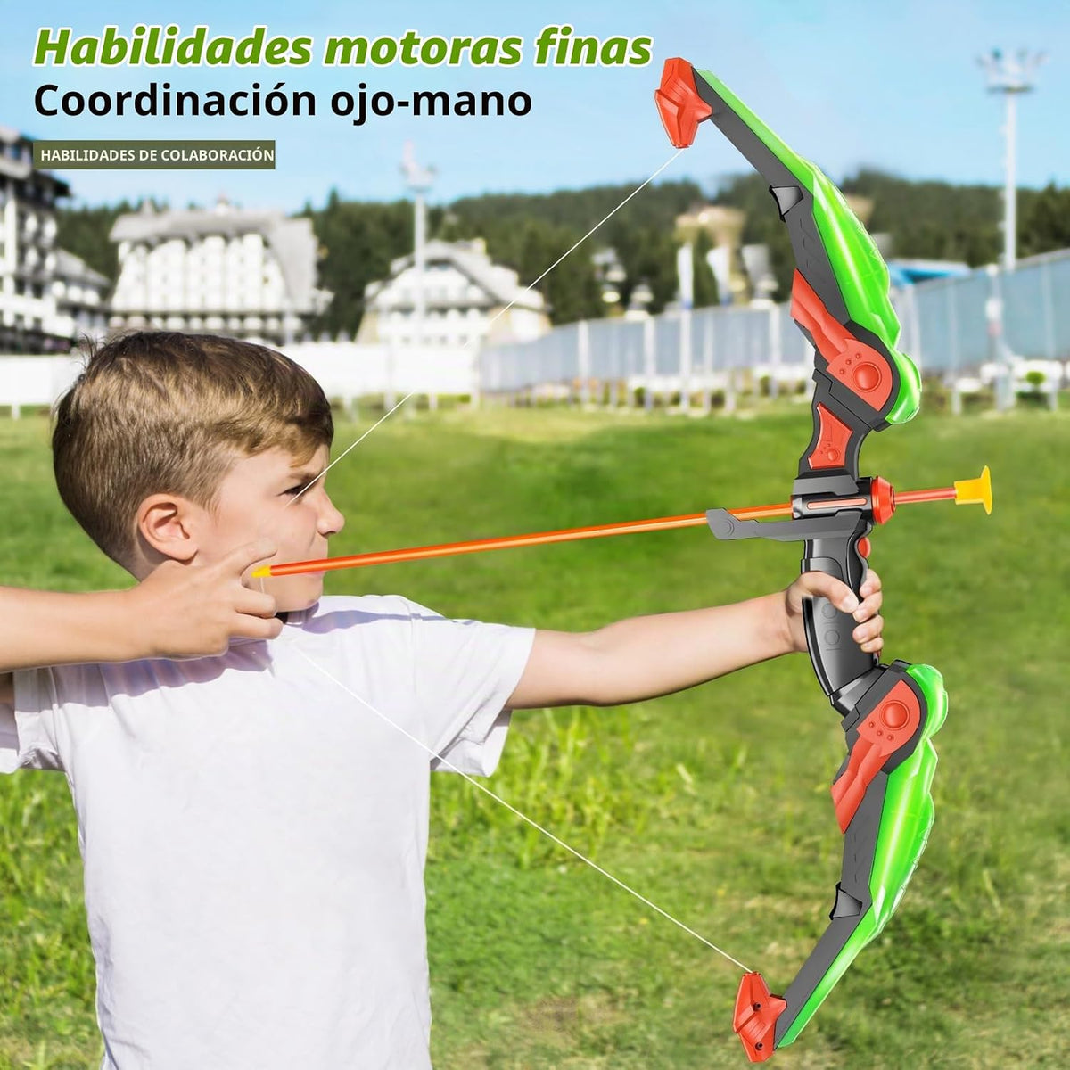 TEMI Juego de arco y flecha para niños, juego de juguetes de tiro con arco, luz LED con flechas de ventosa, objetivo y carcaj, juguetes de interior y exterior para niños y niñas
