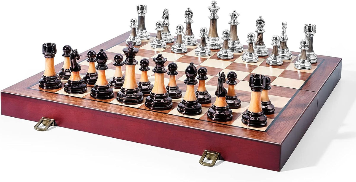 Juego de ajedrez grande de 16 pulgadas/16.5 in de tablero de madera plegable con piezas de ajedrez acrílico ponderadas de lujo, tamaño King de 3.5 pulgadas con ranuras de almacenamiento para adultos, regalo de jubilación de inauguración de la casa