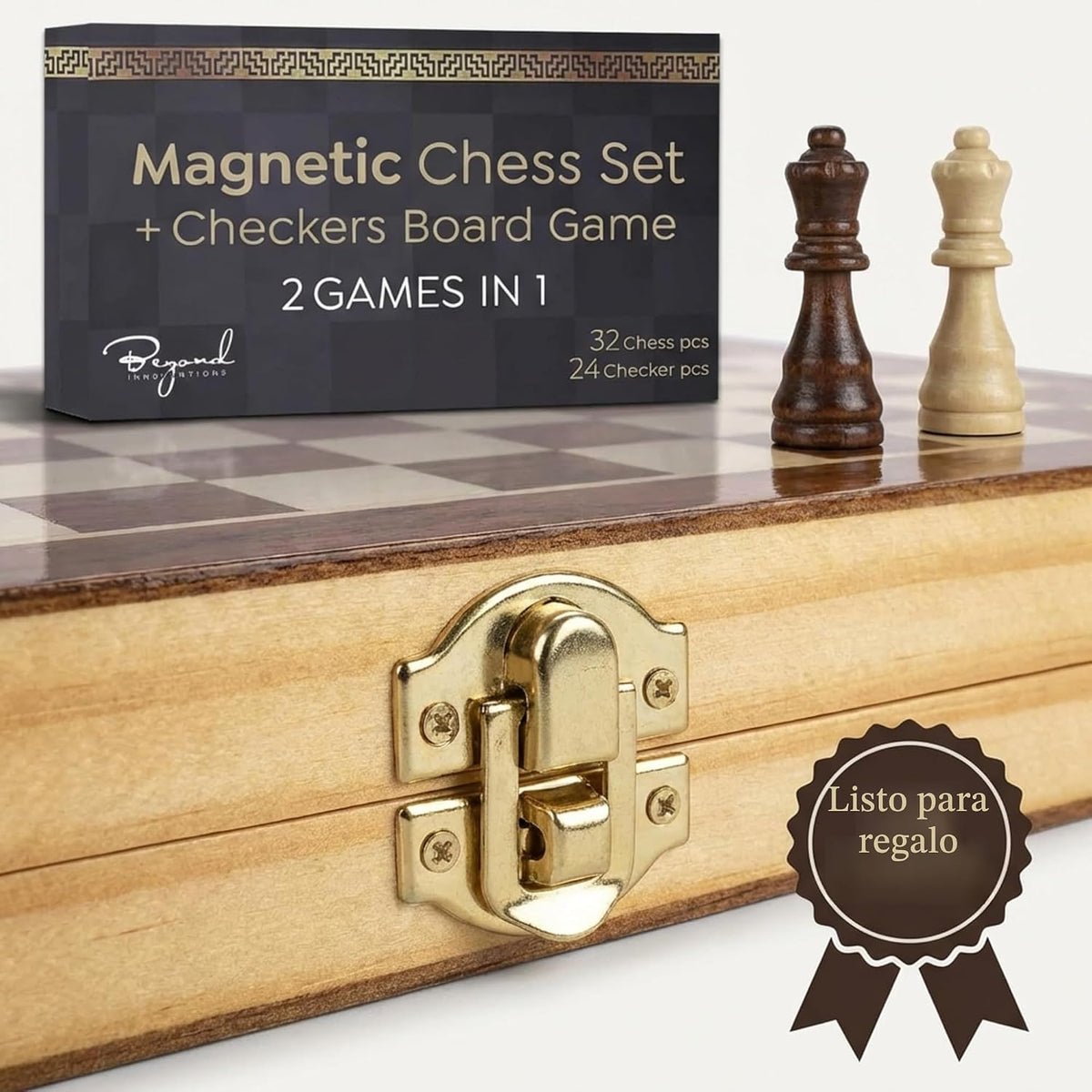 Juego de ajedrez magnético y damas, tablero de madera plegable de 15 x 15