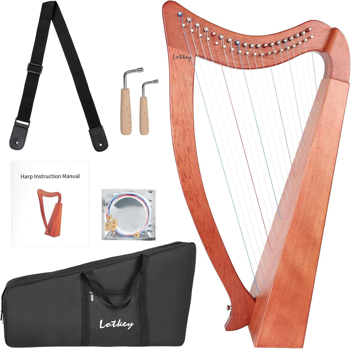 LOTKEY Arpa de 19 cuerdas, arpas de caoba maciza de 29 pulgadas con bolsa de concierto, llave de afinación, correas, instrucciones para jugador profesional de arpa de lira, principiantes, adultos F3 G3 A3 B3 C4 D4 E4 F4 G4 A4 B4 C5 D5 E5 F5 G5 A5 G5 A4 37