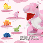 Muiteiur Animales de peluche de dinosaurio rosa, dinosaurio suave de 19.6 pulgadas con 5 lindos bebés T-Rex con cremallera en la barriga, set de regalo de dinosaurio para niños niña y niño