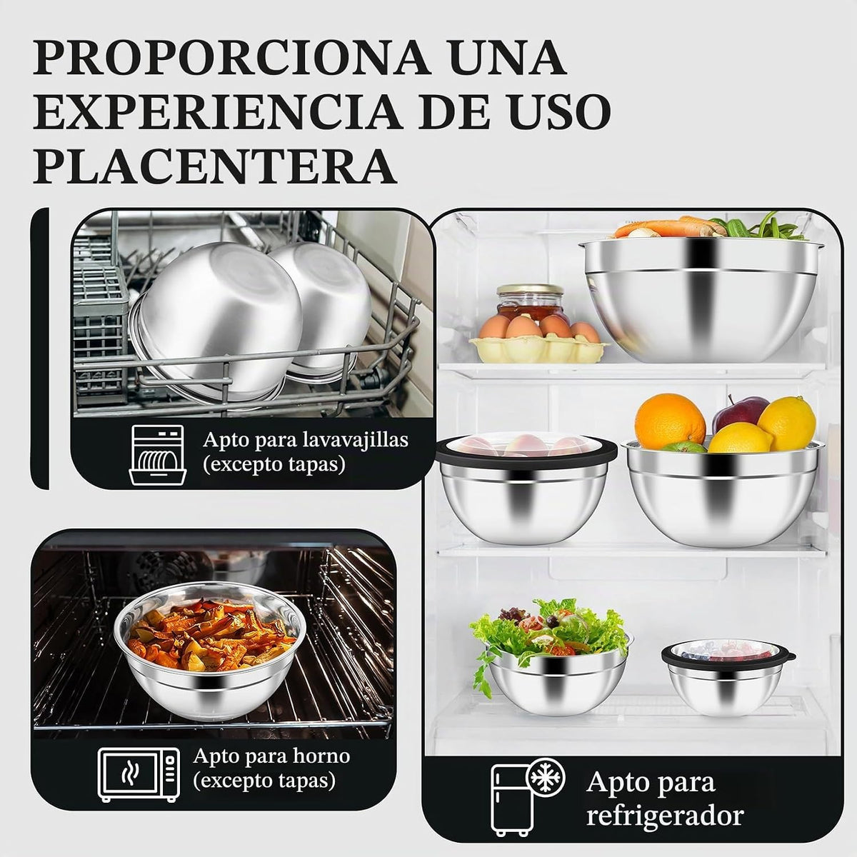P&P CHEF - Juego de tazones de metal con tapas, tapas herméticas visibles y color negro