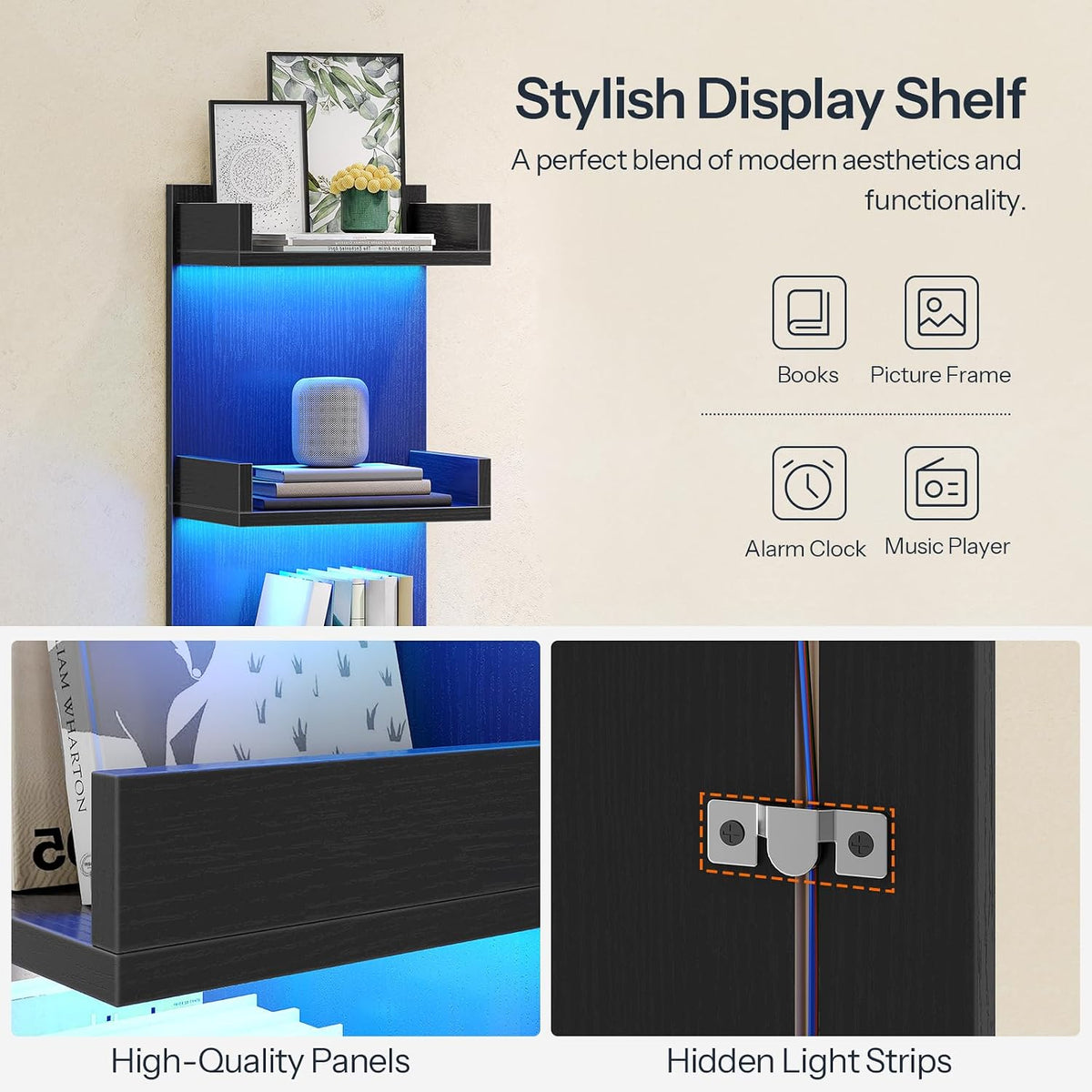 HOOBRO Estantes flotantes de pared con luces LED, estante flotante montado
