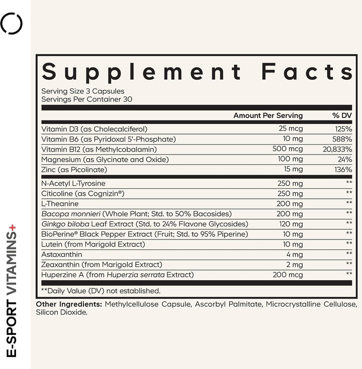Codeage E-Sport Vitamins+, Cognizin, Bacopa, L-teanina, 90 cápsulas...